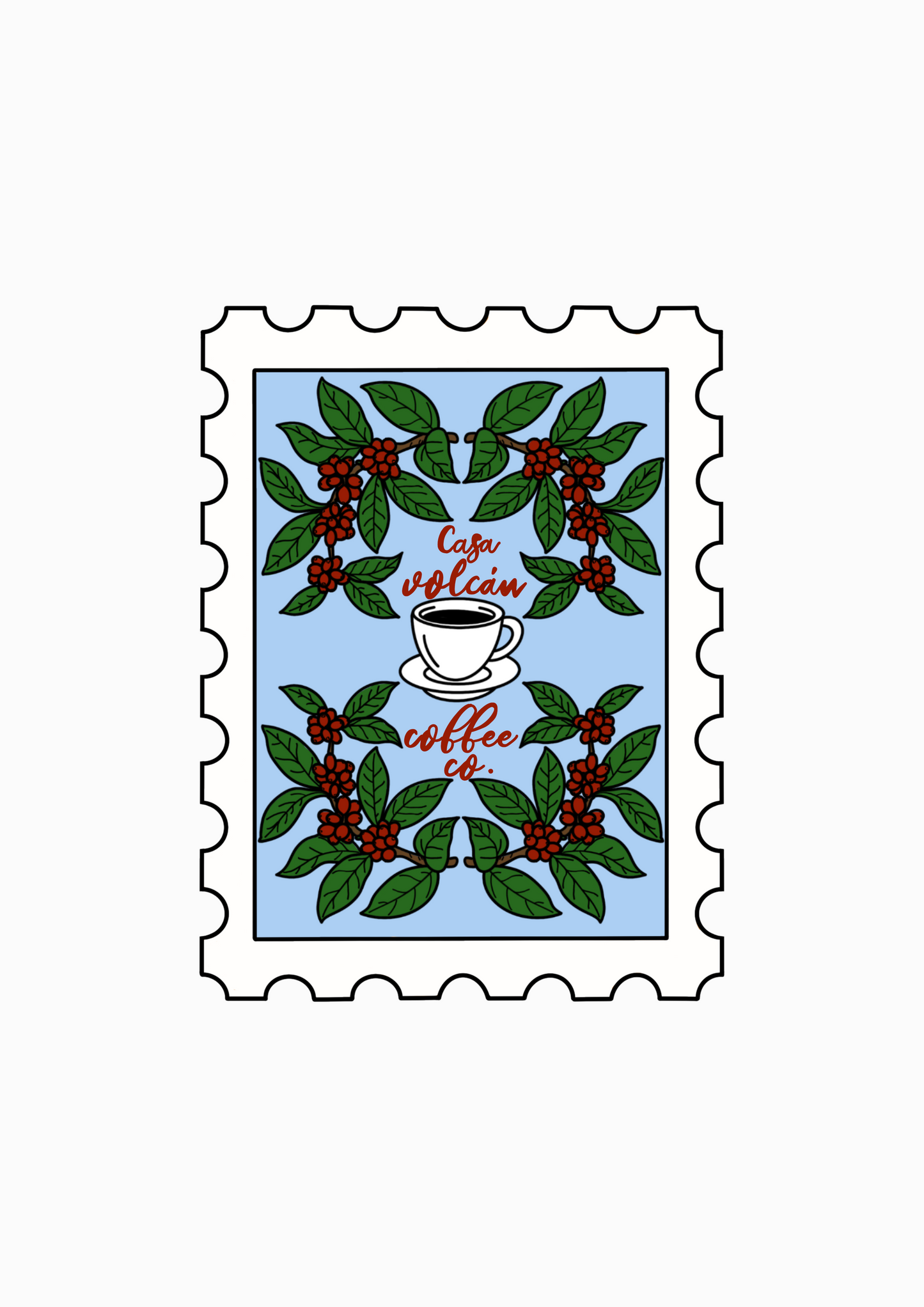 Design of a coffee-themed postage stamp with coffee beans and leaves.