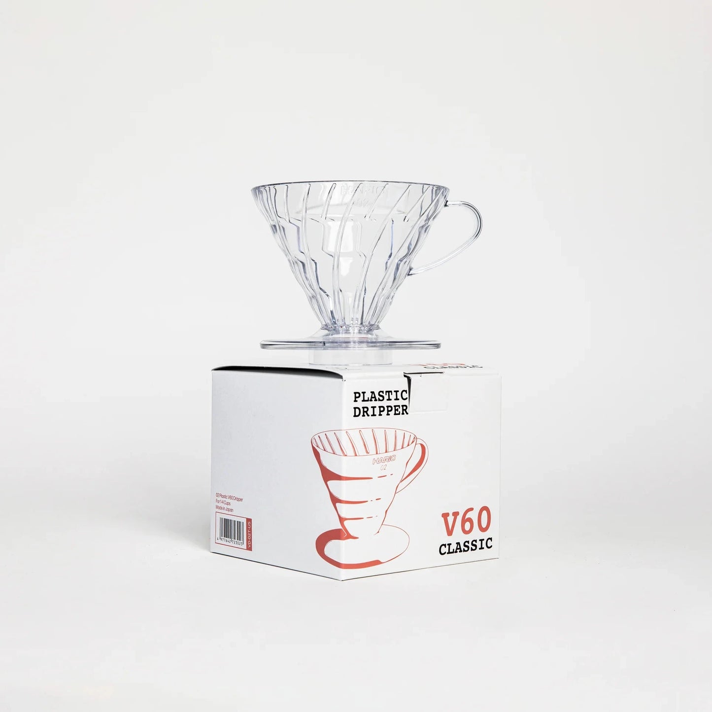 Clear glass coffee dripper on a white box with 'V60 Classic' branding on a white background