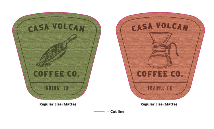 Two labels for Casa Volcan Coffee Co. with different finishes 